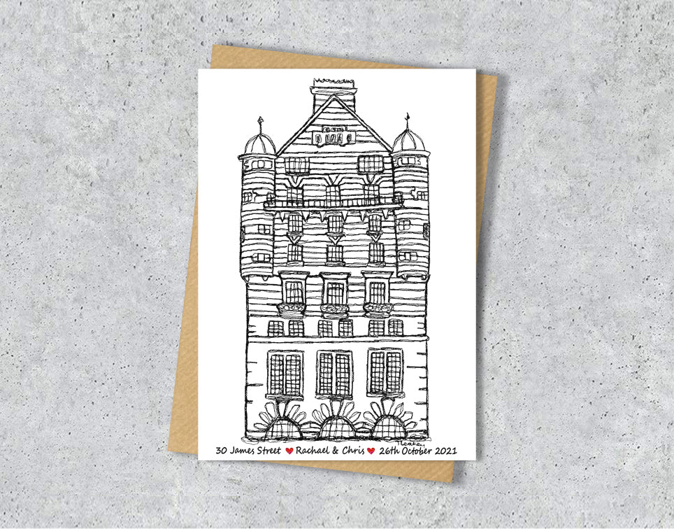 Wedding / Anniversary card with a black and white textile illustration of 30 James Street Liverpool with personalised text.