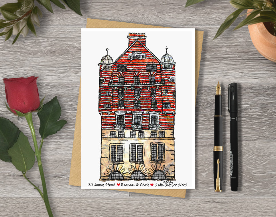 Wedding / Anniversary card with a textile illustration of 30 James Street Liverpool with personalised text.