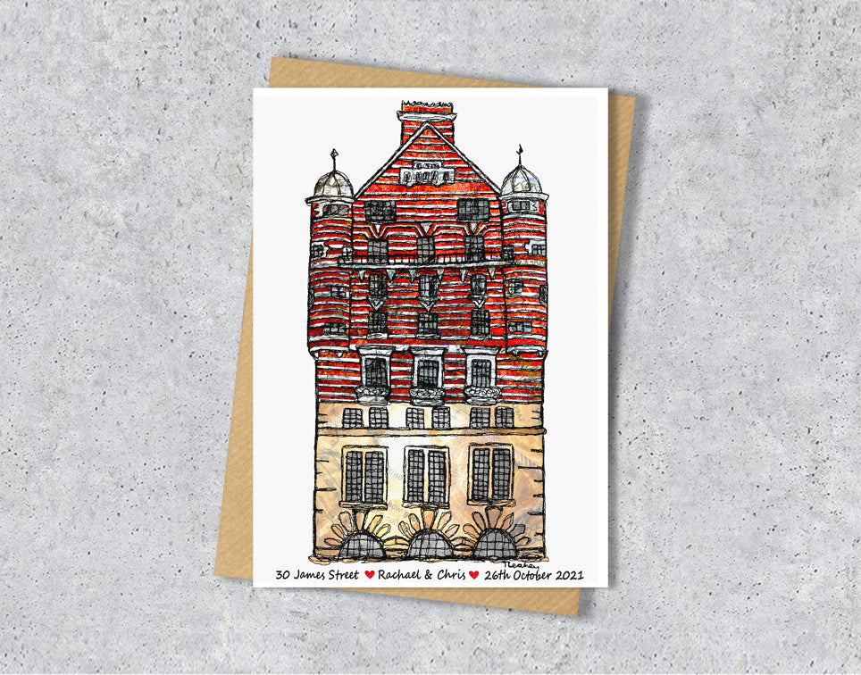 Wedding / Anniversary card with a textile illustration of 30 James Street Liverpool with personalised text.