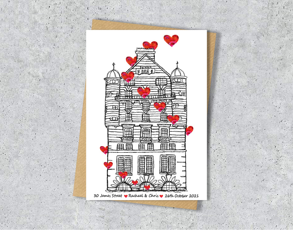 Wedding / Anniversary card with a black and white textile illustration of 30 James Street Liverpool and red hearts with personalised text.