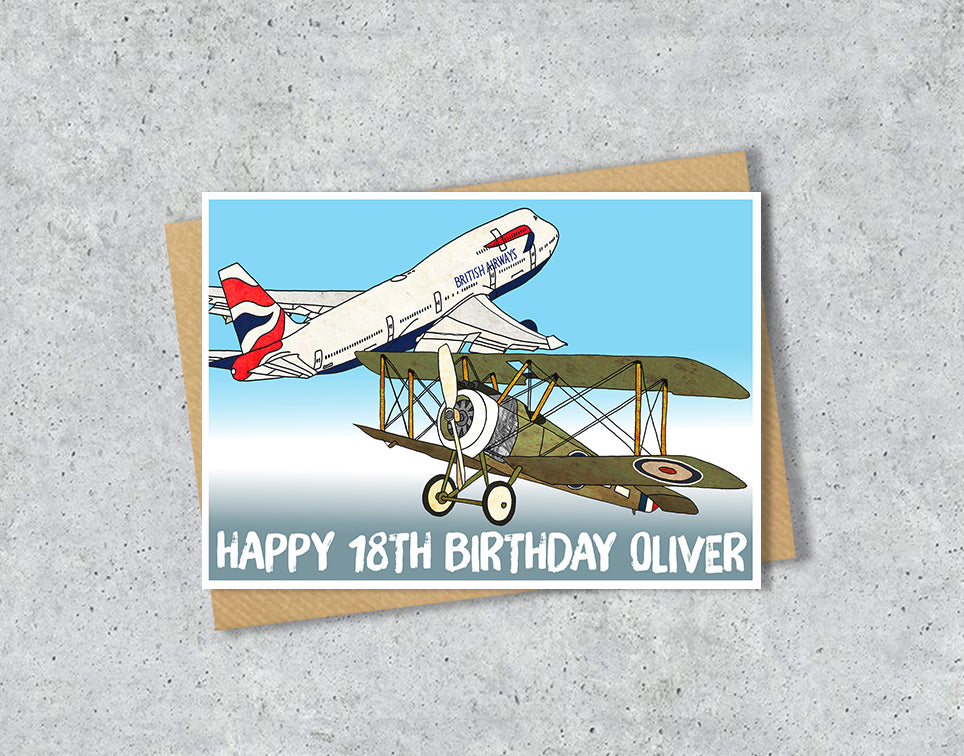 Birthday card with vintage airplane illustration and 'Happy 18th Birthday Oliver'