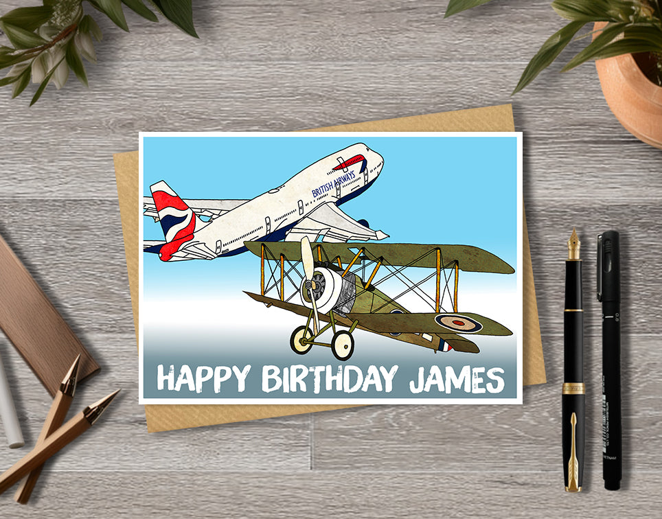 Birthday card with vintage airplane design and 'Happy Birthday James' 