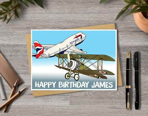 Birthday card with vintage airplane design and 'Happy Birthday James' 
