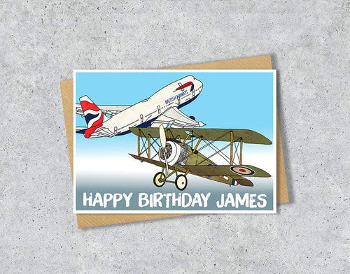 Birthday card with vintage airplane design and 'Happy Birthday James' 
