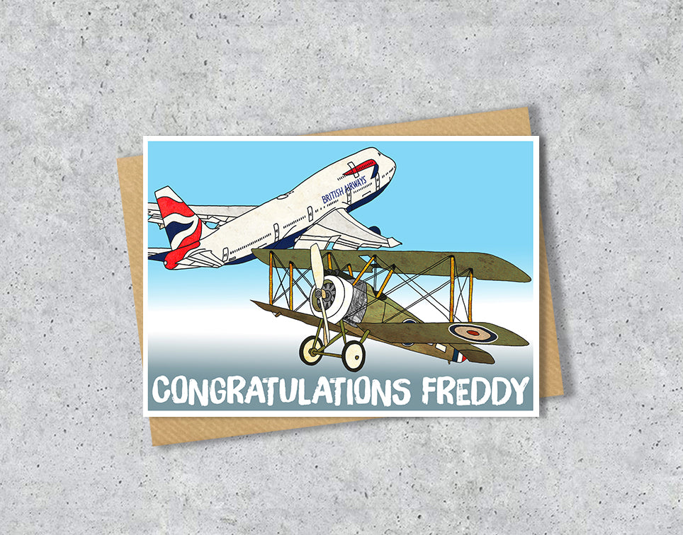Greeting card with vintage airplane design and 'Congratulations Freddy' 