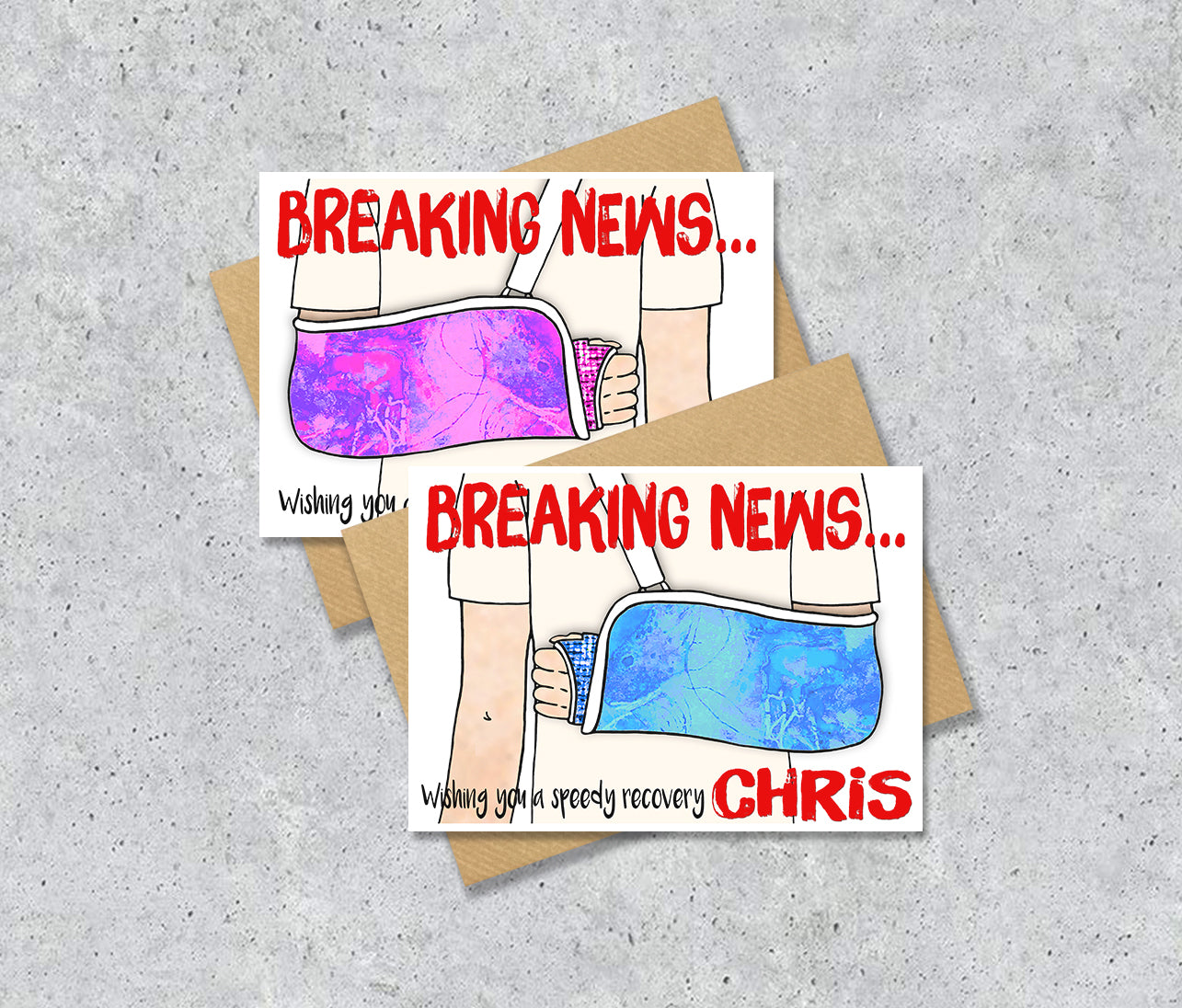 Two greeting cards with illustrations of a person with an arm cast with personalised text.