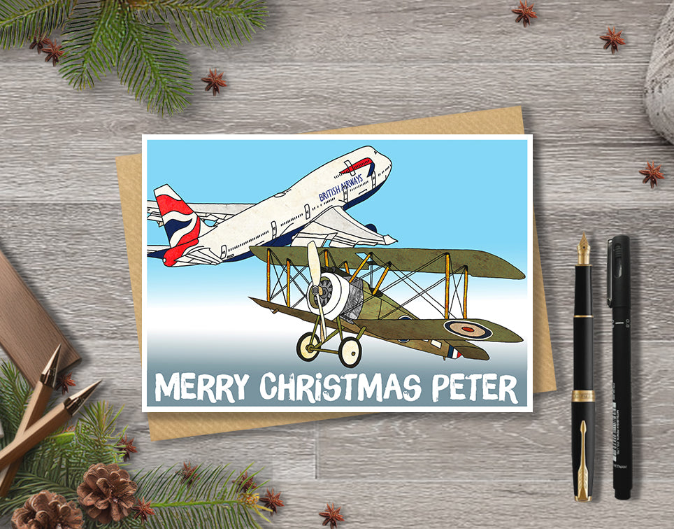 Personalised Aeroplane Christmas A5 Card, WW1 Airplane, Classic Retro card, Aviation Enthusiasts