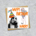 Birthday card with a Afghan hound wearing a party hat and balloons, with personalised text.