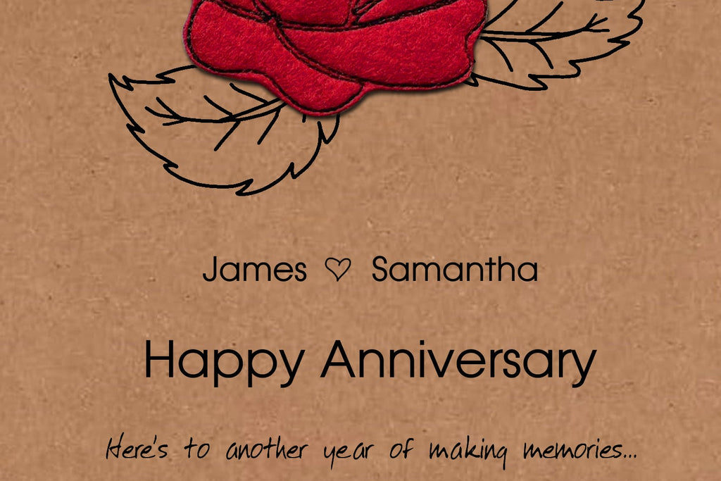 Personalised Rose Anniversary Card, Embroidered Rose, Minimalist Design, Kraft Eco Friendly Gift Card