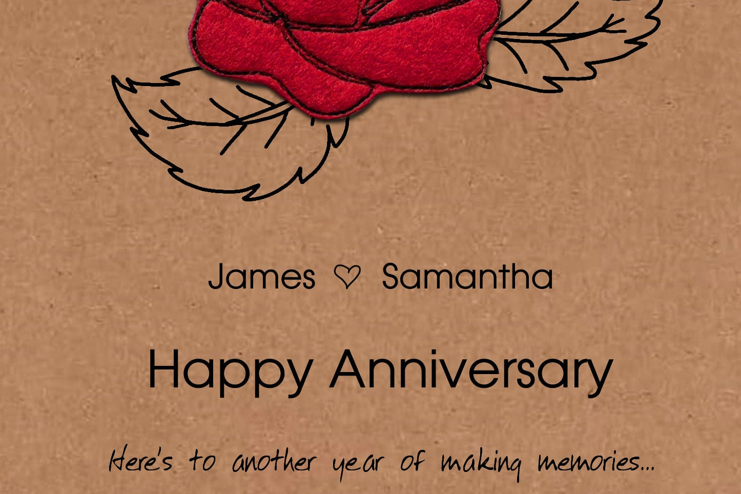 Personalised Rose Anniversary Card, Embroidered Rose, Minimalist Design, Kraft Eco Friendly Gift Card
