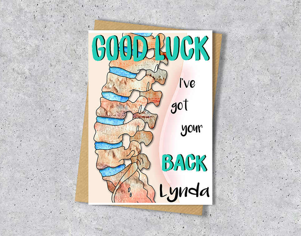 Good luck card with a spine illustration saying "I've got your back" with personalised text.