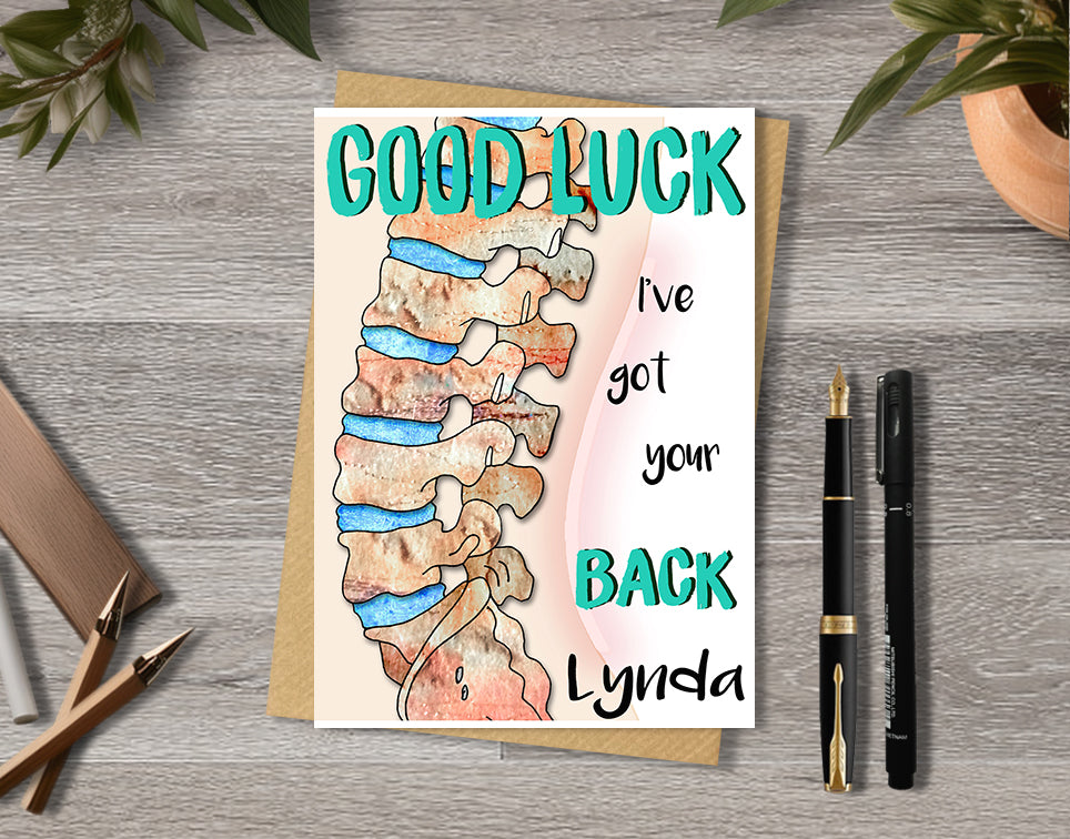 Good luck card with a spine illustration saying "I've got your back" with personalised text.
