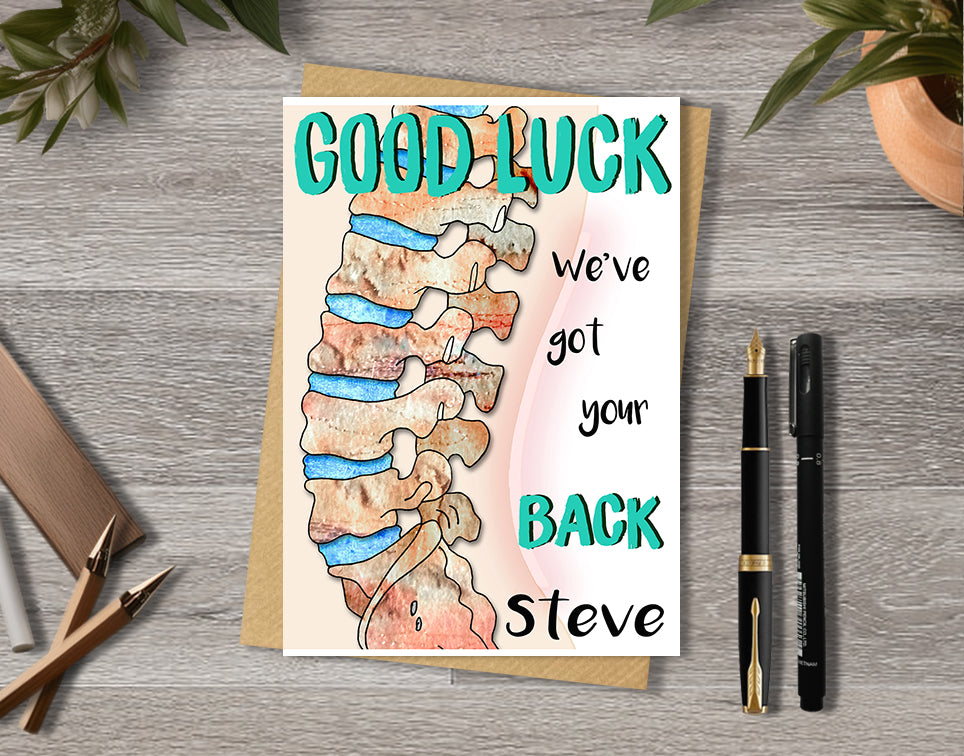 Good luck card with a spine illustration saying "We've got your back" with personalised text.