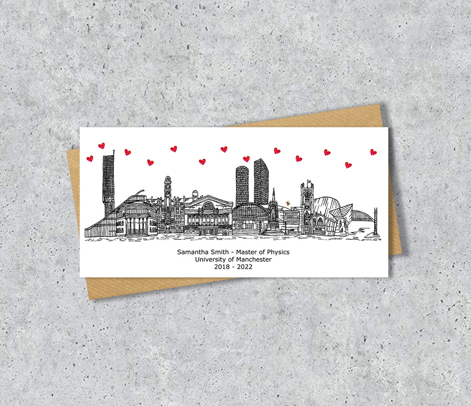 Manchester Bee Skyline Graduation or Housewarming Card, Personalised, Manchester landmarks, Black White, Red Hearts