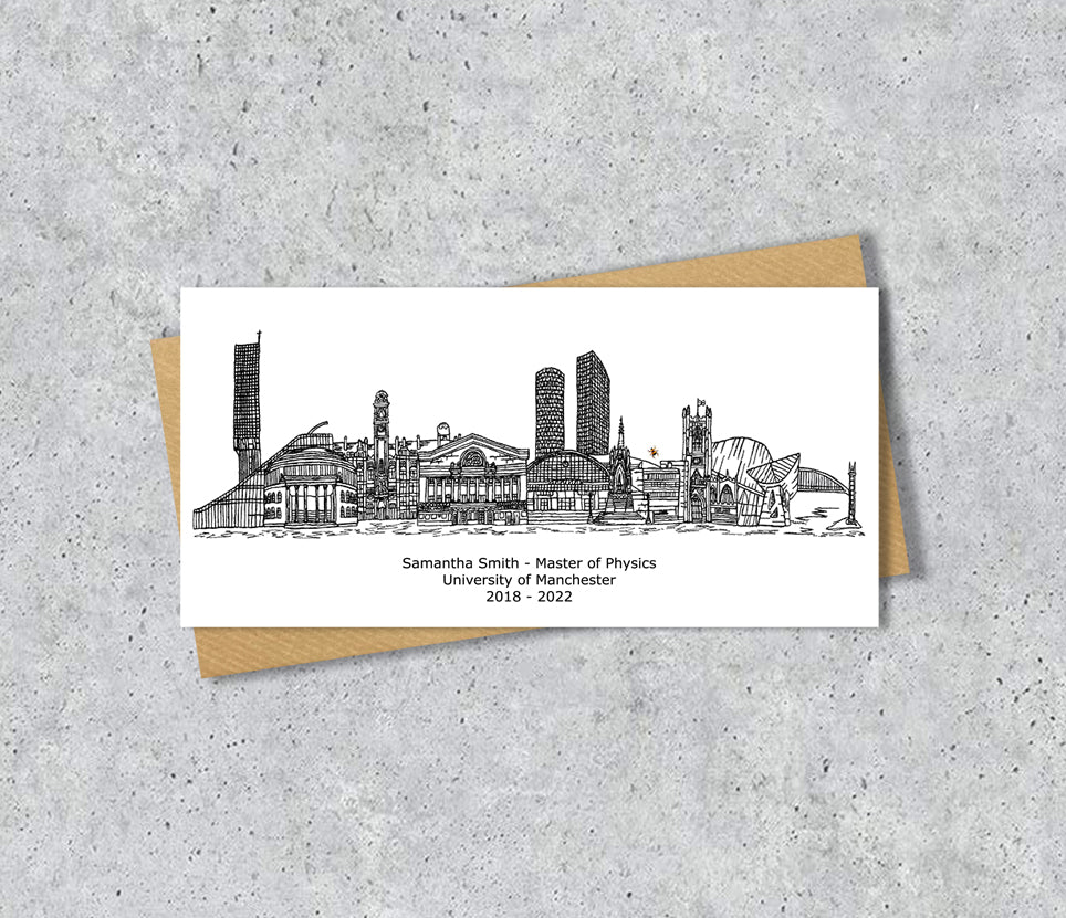 Manchester Bee Skyline Graduation or Housewarming Card, Personalised, Manchester landmarks, Black White, Red Hearts