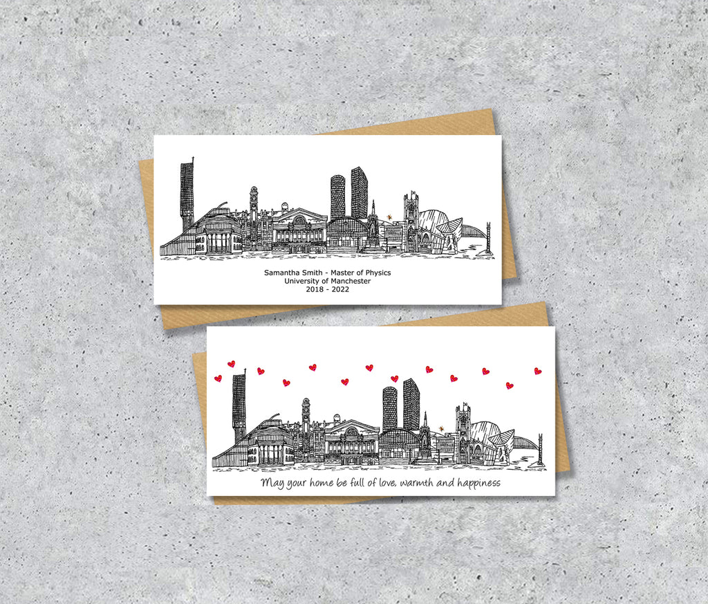 Manchester Bee Skyline Graduation or Housewarming Card, Personalised, Manchester landmarks, Black White, Red Hearts