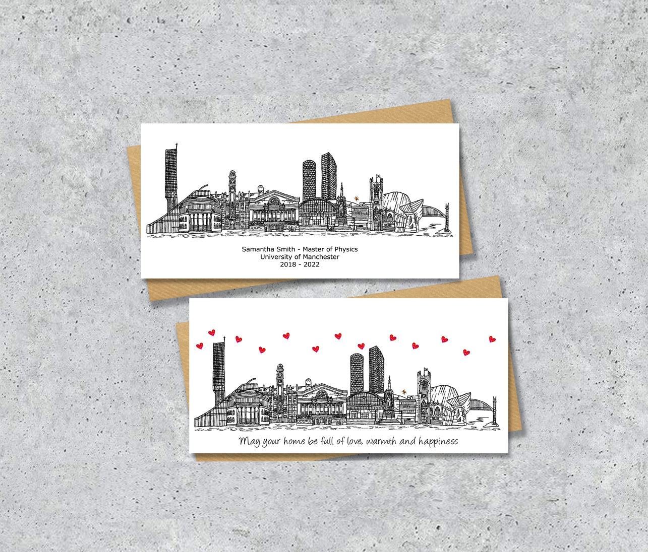 Manchester Bee Skyline Graduation or Housewarming Card, Personalised, Manchester landmarks, Black White, Red Hearts