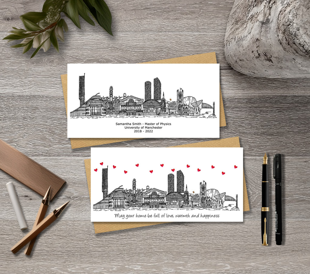 Manchester Bee Skyline Graduation or Housewarming Card, Personalised, Manchester landmarks, Black White, Red Hearts