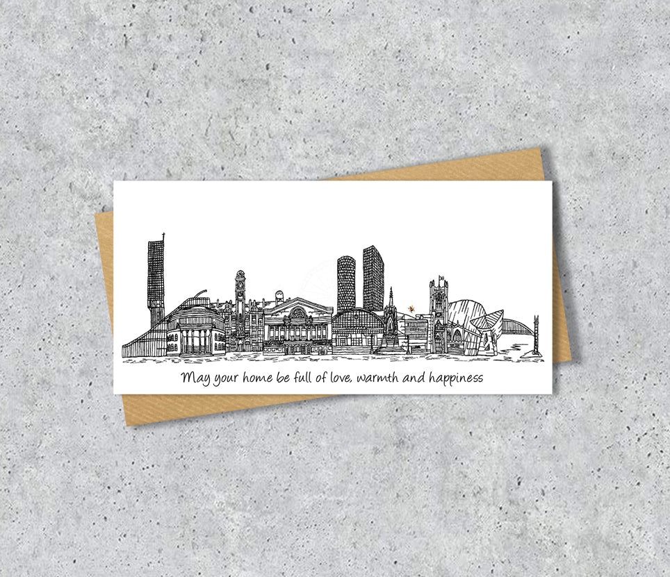 Manchester Bee Skyline Graduation or Housewarming Card, Personalised, Manchester landmarks, Black White, Red Hearts