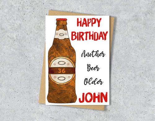 Birthday card with a beer bottle illustration and personalised text