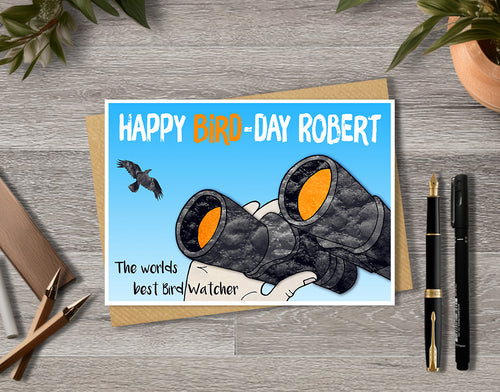Birthday card with binoculars illustration and 'The worlds best bird watcher' with personalised text.
