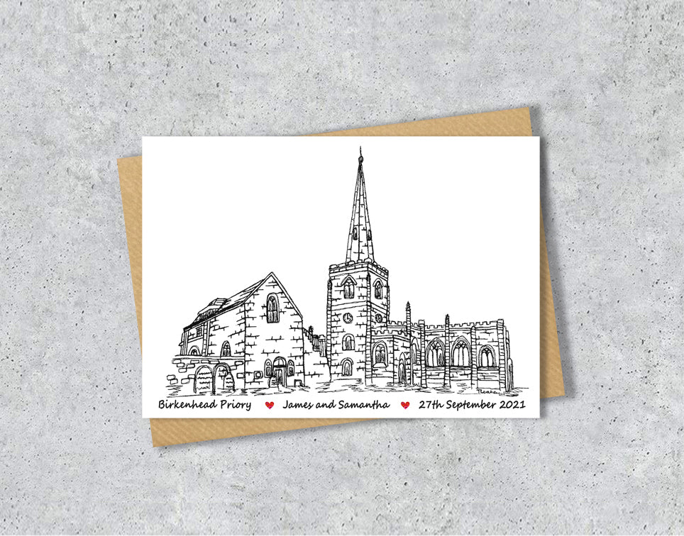 Wedding / Anniversary card with a black and white textile illustration of Birkenhead Priory Wirral with personalised text.