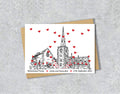 Wedding / Anniversary card with a black and white textile illustration of Birkenhead Priory Wirral and red hearts with personalised text.
