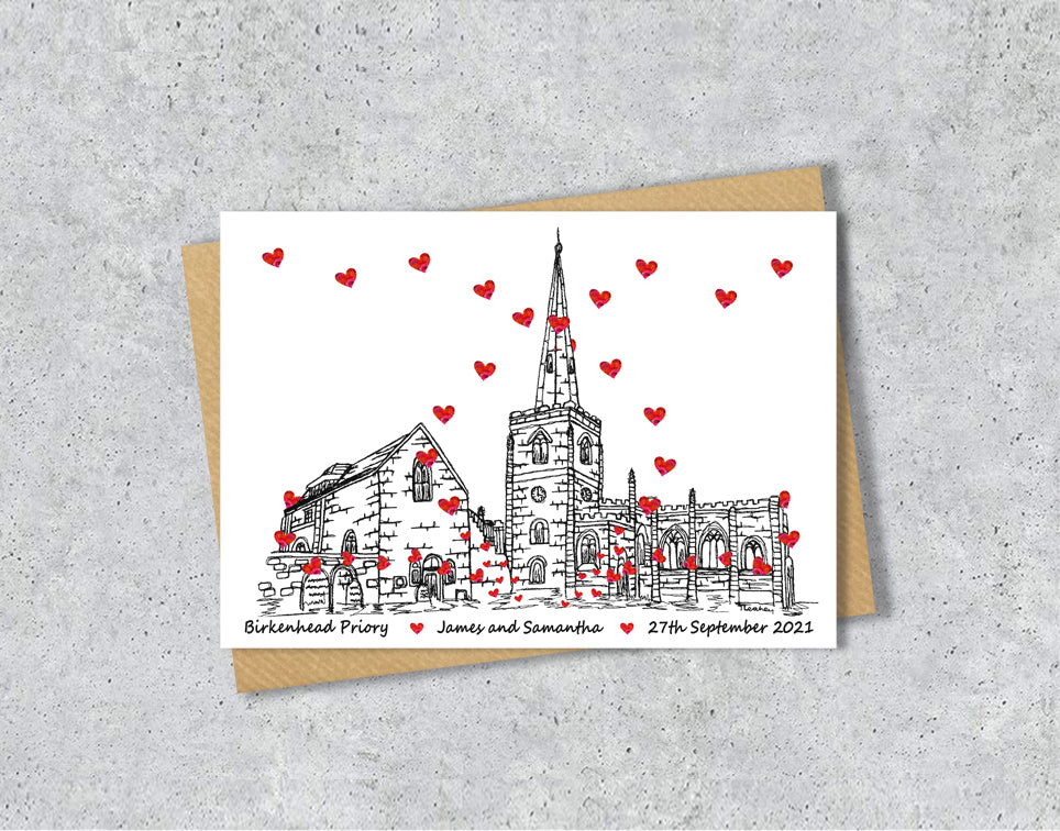 Wedding / Anniversary card with a black and white textile illustration of Birkenhead Priory Wirral and red hearts with personalised text.