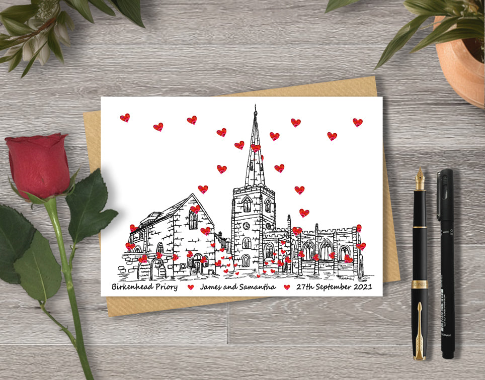 Wedding / Anniversary card with a black and white textile illustration of Birkenhead Priory Wirral and red hearts with personalised text.