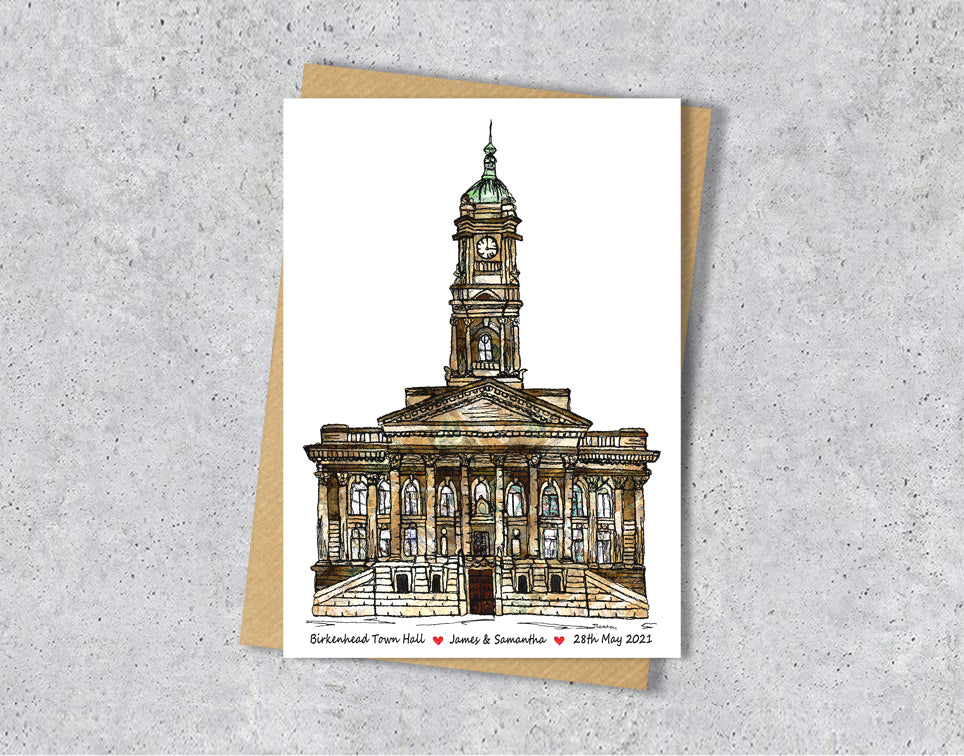Wedding / Anniversary card with a textile illustration of Birkenhead Town Hall Wirral with personalised text.