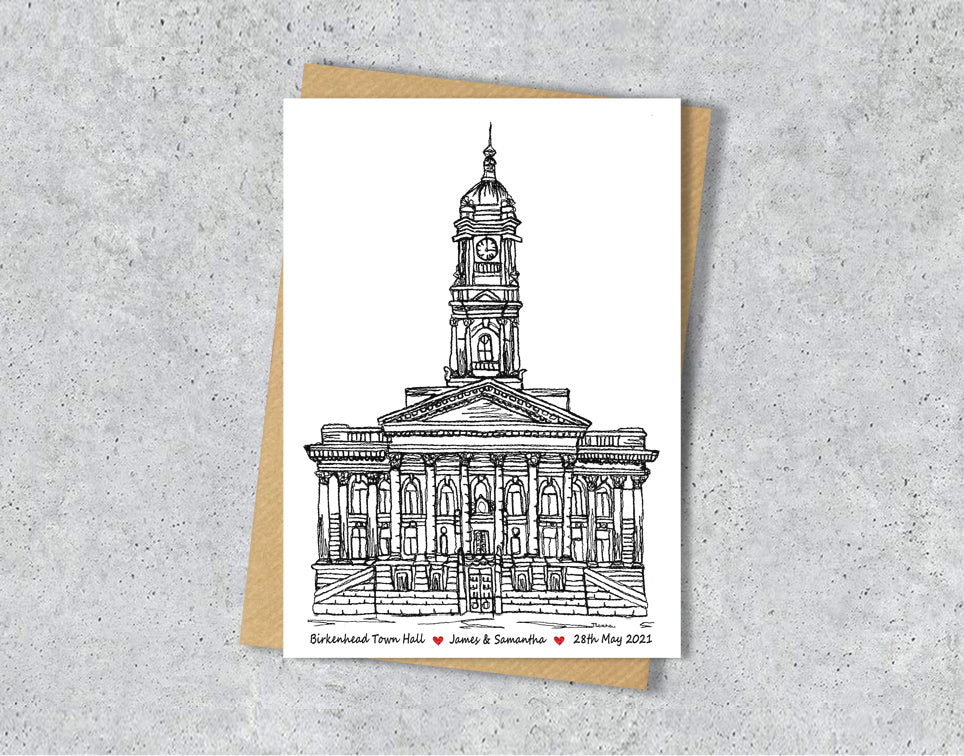 Wedding / Anniversary card with a black and white textile illustration of Birkenhead Town Hall Wirral with personalised text.