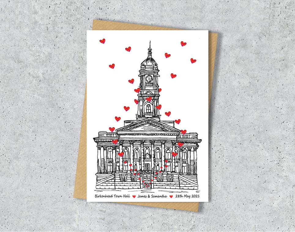 Wedding / Anniversary card with a black and white textile illustration of Birkenhead Town Hall Wirral and red hearts with personalised text.