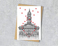 Wedding / Anniversary card with a black and white textile illustration of Birkenhead Town Hall Wirral and red hearts with personalised text.