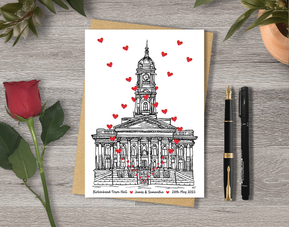 Wedding / Anniversary card with a black and white textile illustration of Birkenhead Town Hall Wirral and red hearts with personalised text.