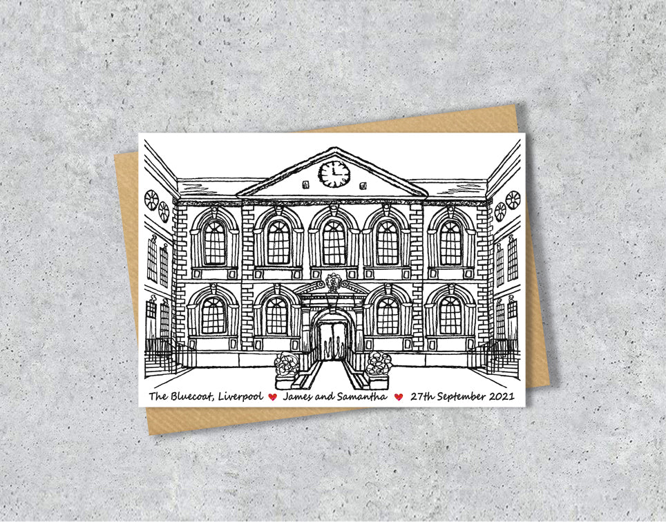 Wedding / Anniversary card with a black and white textile illustration of The Bluecoat Liverpool with personalised text.