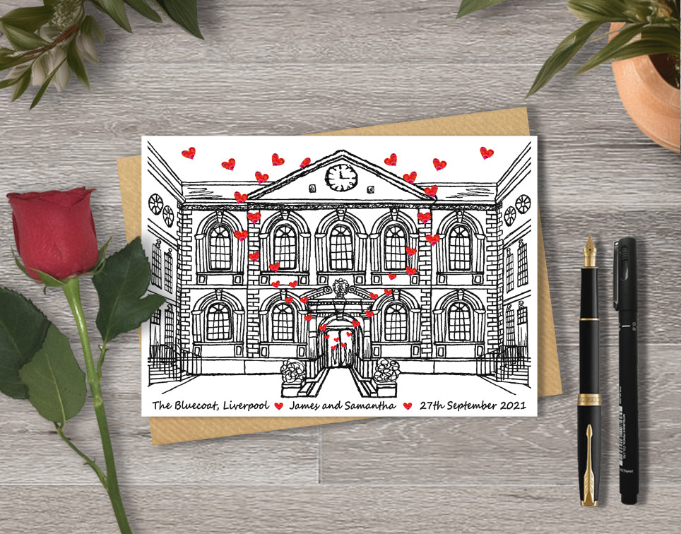 Wedding / Anniversary card with a black and white textile illustration of The Bluecoat Liverpool and red hearts with personalised text.