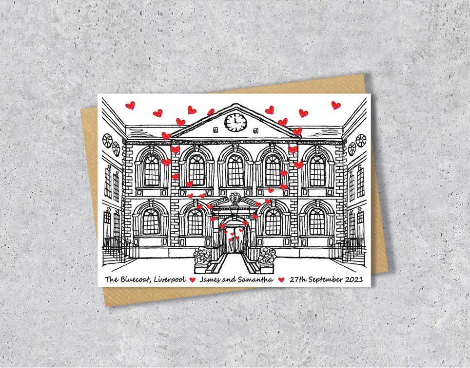 Wedding / Anniversary card with a black and white textile illustration of The Bluecoat Liverpool and red hearts with personalised text.