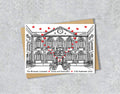 Wedding / Anniversary card with a black and white textile illustration of The Bluecoat Liverpool and red hearts with personalised text.