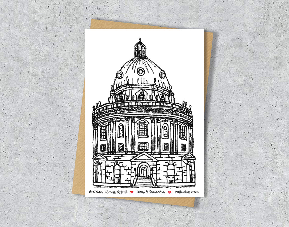 Wedding / Anniversary card with a black and white textile illustration of Radcliffe Camera Oxford with personalised text.