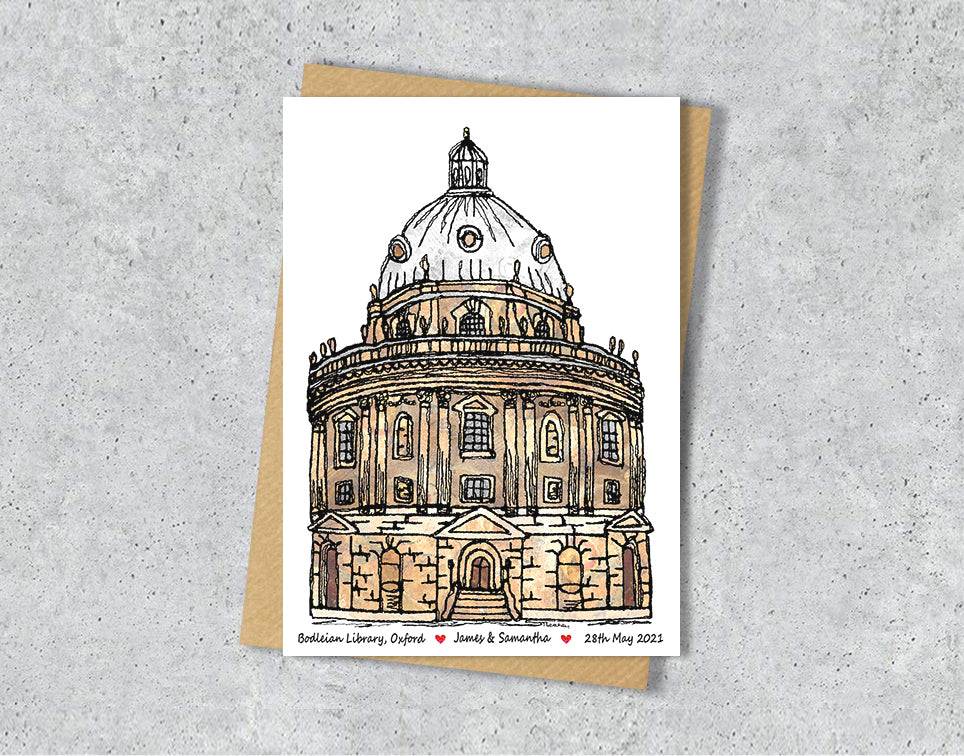 Wedding / Anniversary card with a textile illustration of Radcliffe Camera Oxford with personalised text.