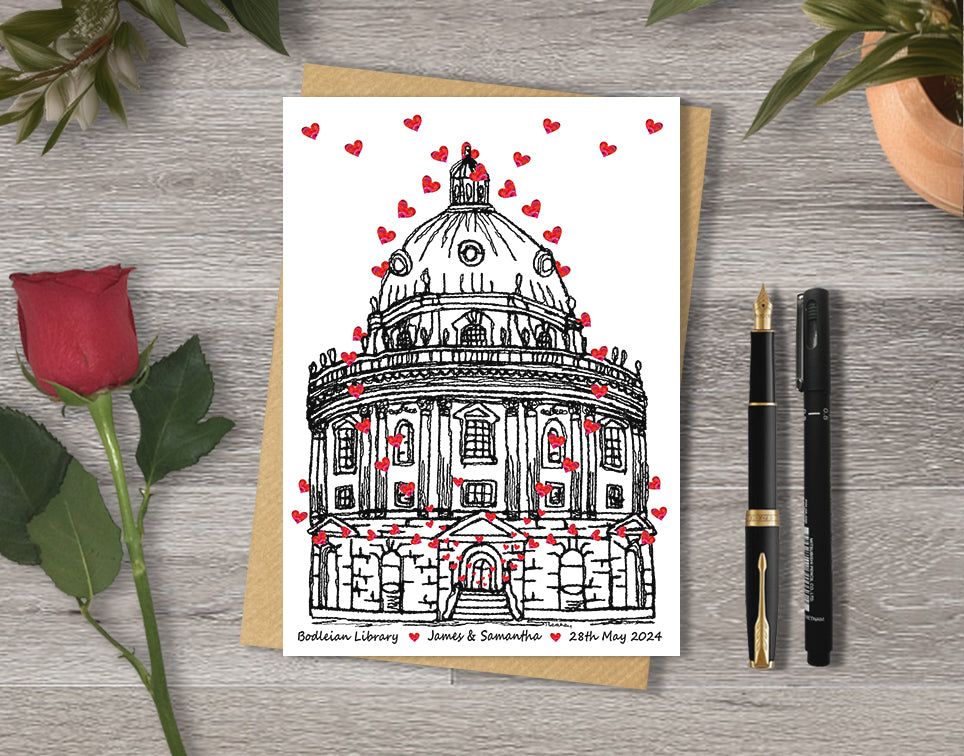 Wedding / Anniversary card with a black and white textile illustration of Radcliffe Camera Oxford and red hearts with personalised text.
