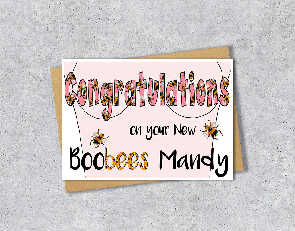 Greeting card with 'Congratulations on your New Boobees' with personalised text.
