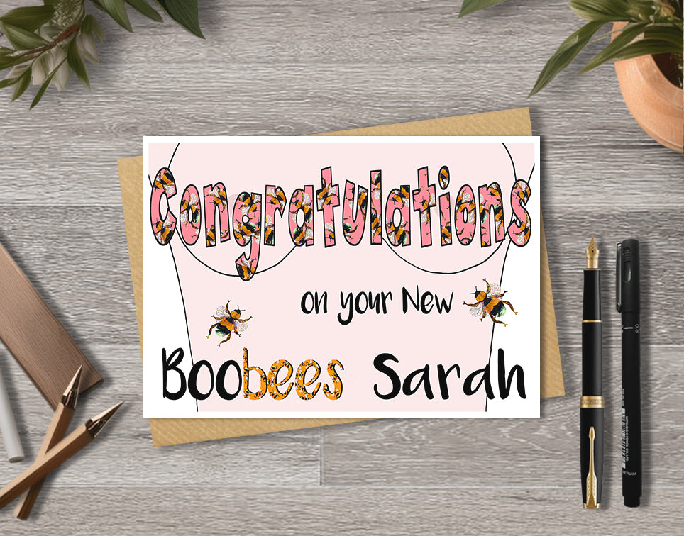 Greeting card with 'Congratulations on your New Boobees' with personalised text.