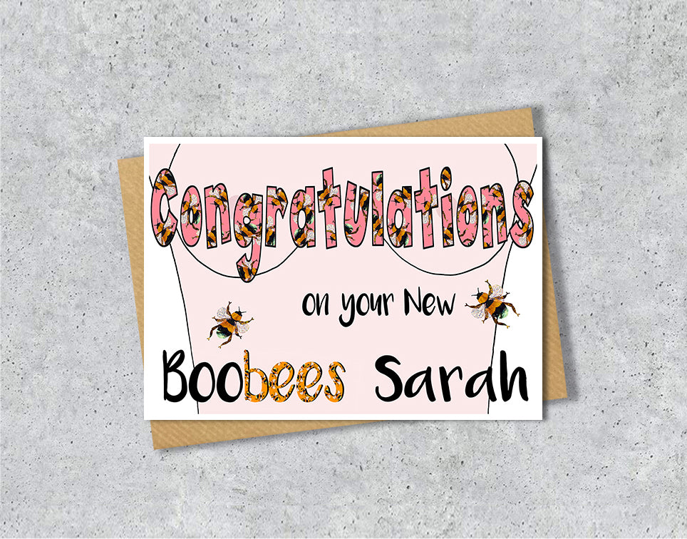 Greeting card with 'Congratulations on your New Boobees' with personalised text.