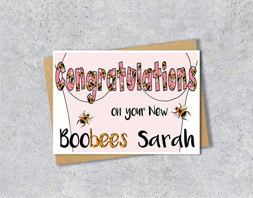 Greeting card with 'Congratulations on your New Boobees' with personalised text.