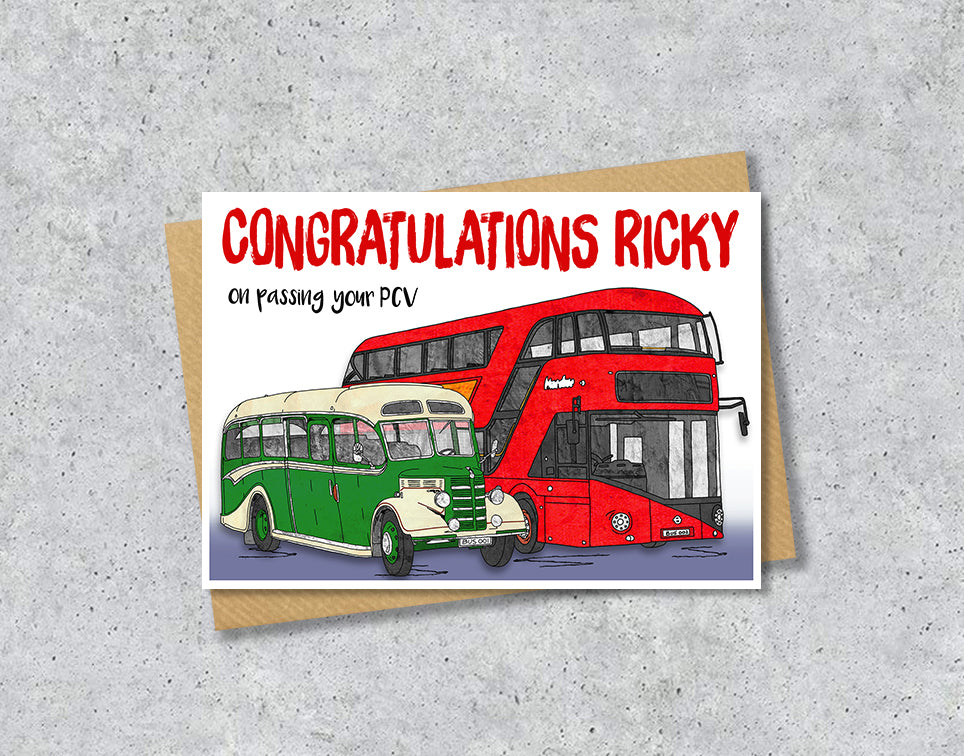 Greeting card with red and green buses and 'Congratulations Ricky' 
