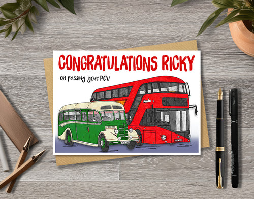 Greeting card with red and green buses and 'Congratulations Ricky' 