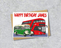 Birthday card with red and green buses and 'Happy Birthday James' 