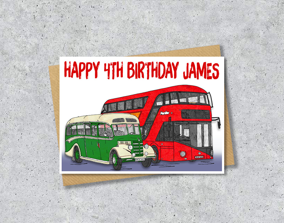 Birthday card with red and green buses and 'Happy 4th Birthday James' 