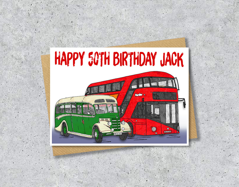 Birthday card with red and green buses and 'Happy 50th Birthday Jack' 